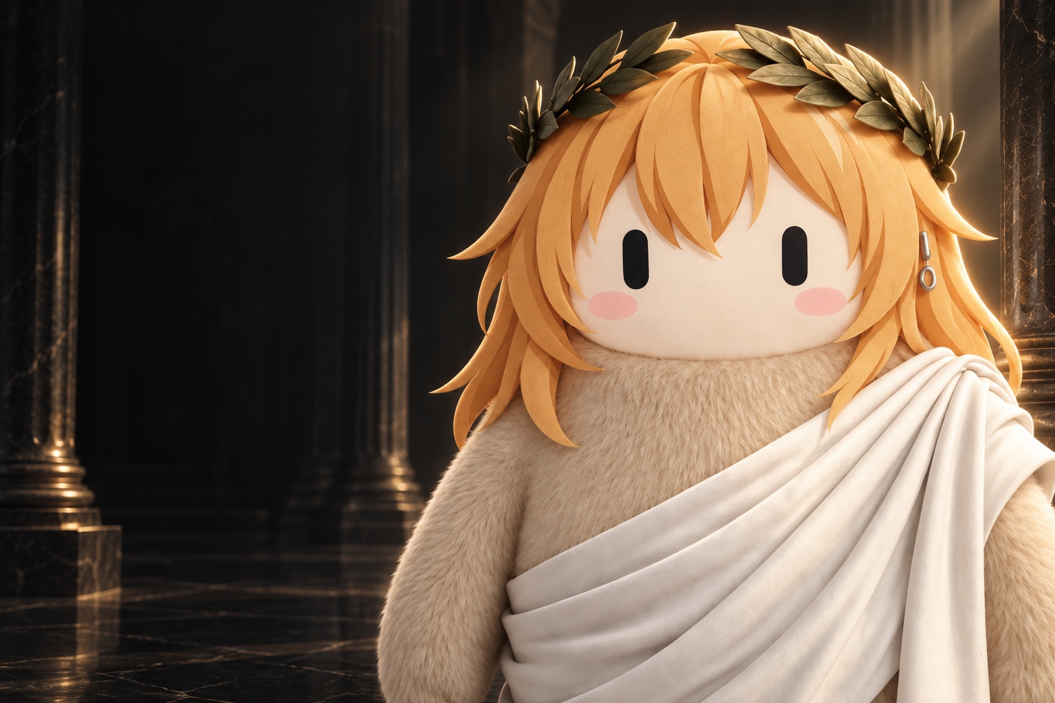 Grokippa wearing a laurel wreath and ivory toga in a dark classical hall