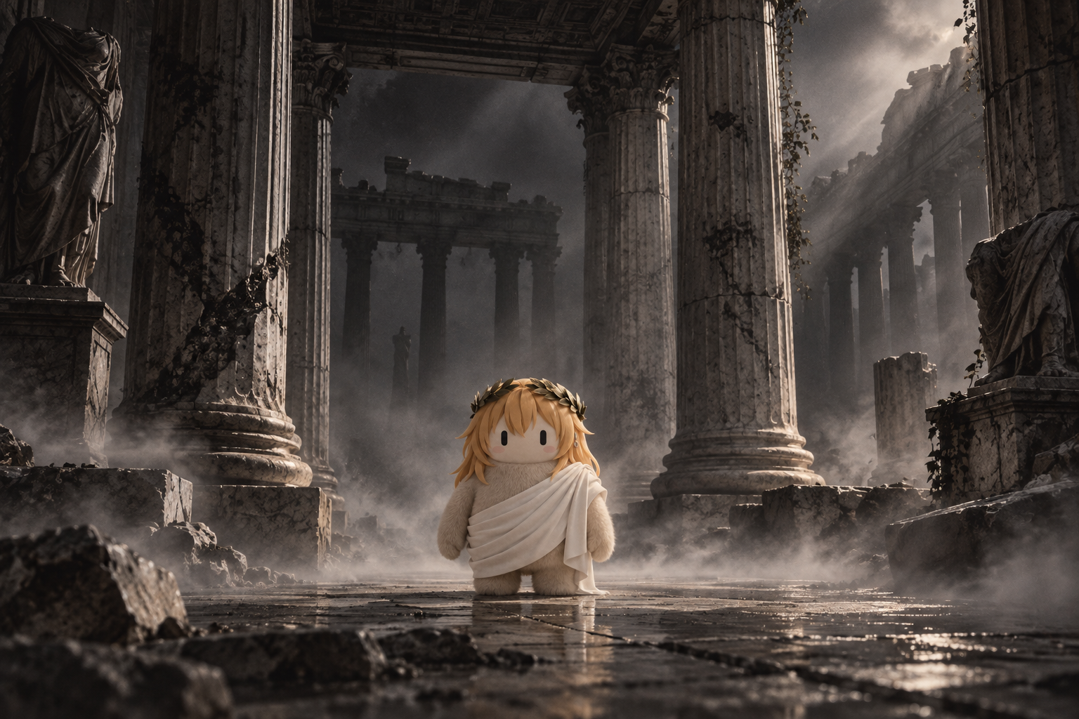 Grokippa among ancient columns in the mist